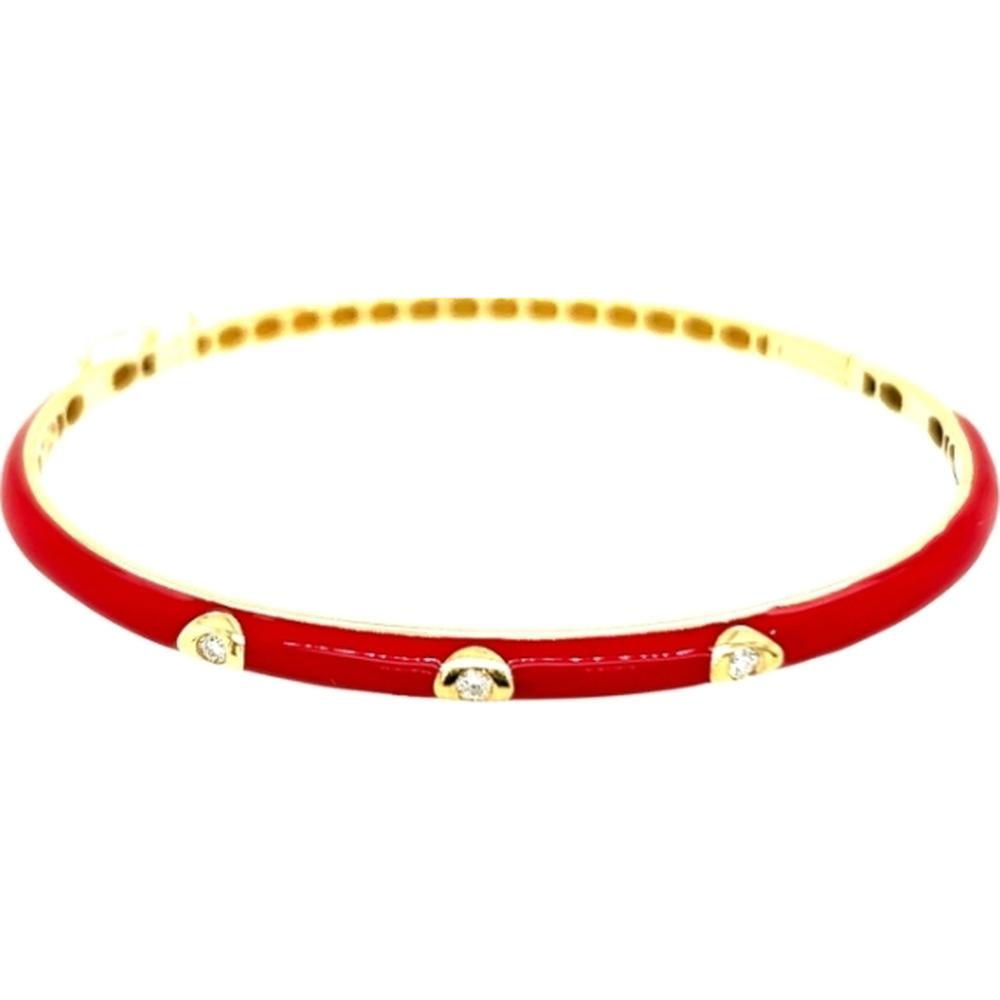 18K Yellow Gold Red Enamel Bangle Bracelet with Round Diamond Accents by Afarin