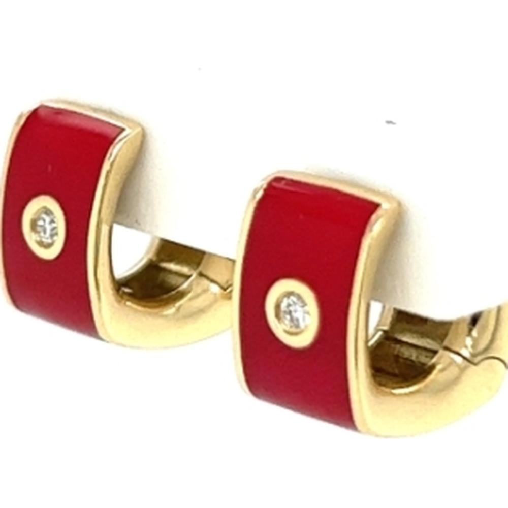 18K Yellow Gold Red Enamel Huggie Earrings with Bezel-Set Round Diamond Accents by Afarin