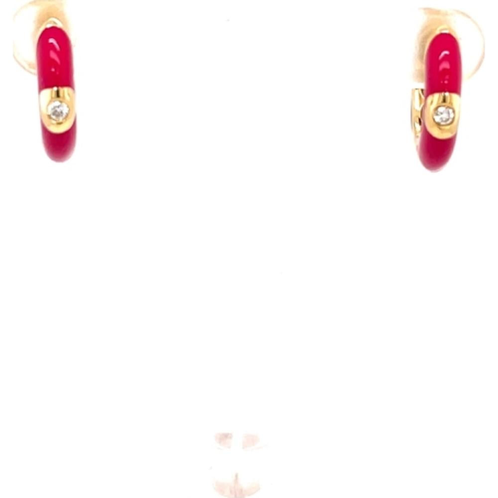 18K Yellow Gold Red Enamel Huggie Earrings with Round Diamond Accents by Afarin