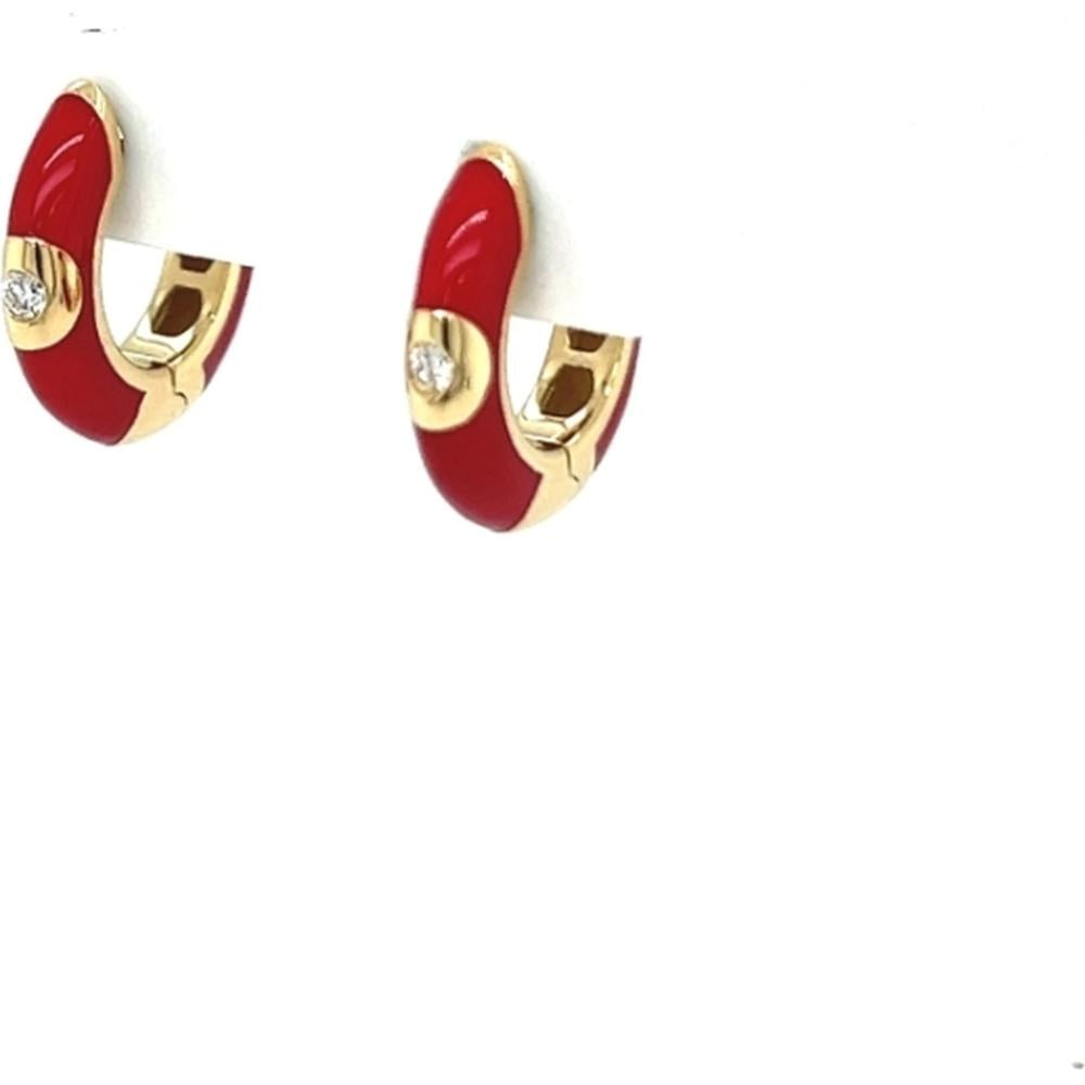 18K Yellow Gold Red Enamel Huggie Earrings with Round Diamond Accents by Afarin