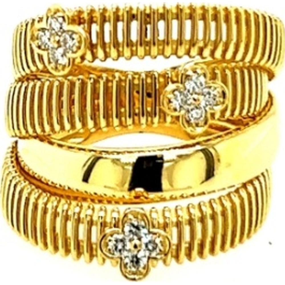 18K Yellow Gold Ribbed Band Ring with Floral Diamond Accents by Afarin