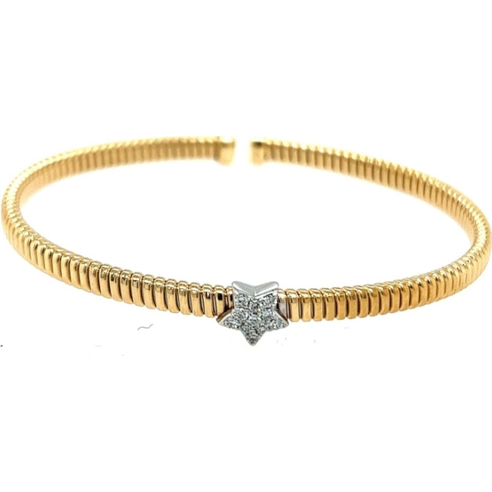 18K Yellow Gold Ribbed Bangle Bracelet with White Gold Diamond Star Motif by Afarin