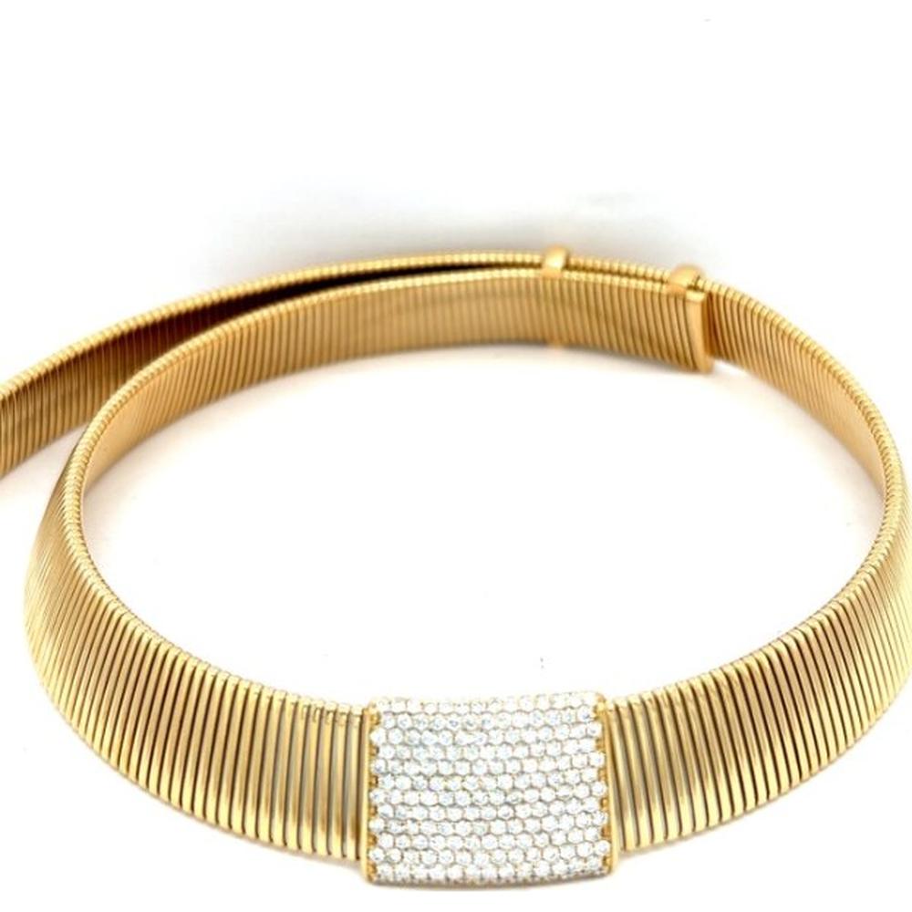 18K Yellow Gold Ribbed Collar Necklace with Rectangular Diamond Center by Afarin