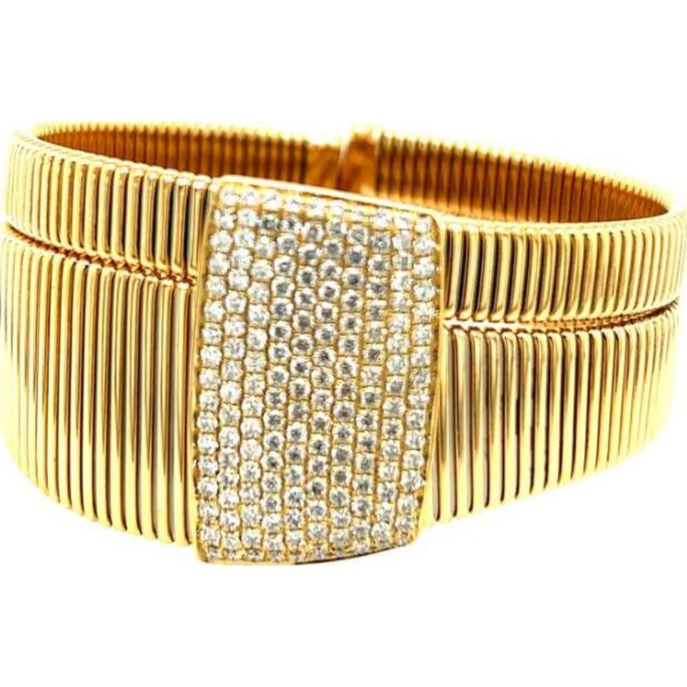 18K Yellow Gold Ribbed Diamond Bangle Bracelet with Round Diamonds by Afarin