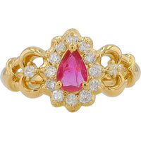 18K Yellow Gold Ring with 0.40 Carat Pear - Shaped Ruby and 0.20 Carat Diamond Halo