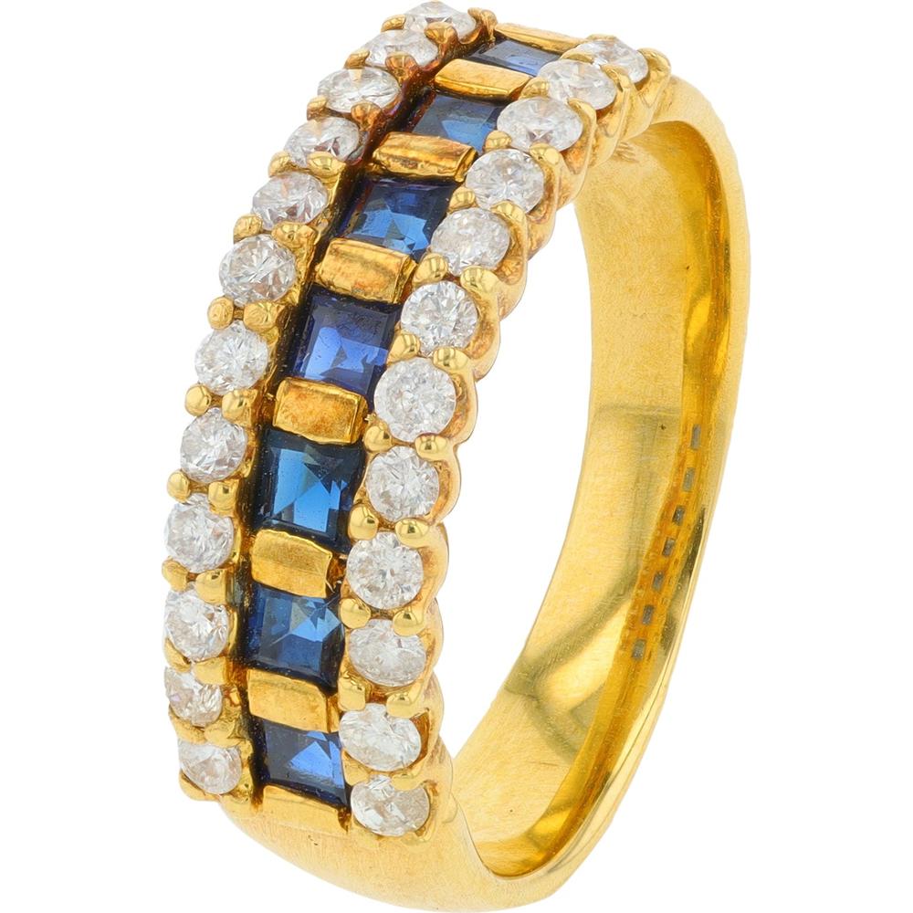 18K Yellow Gold Ring with 0.70 Carat Square Sapphires and 0.50 Carat Round Diamonds