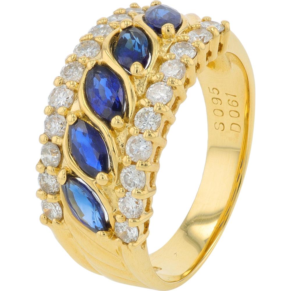 18K Yellow Gold Ring with 0.95 Carat Marquise Sapphires and 0.61 Carat Round Diamond Accents