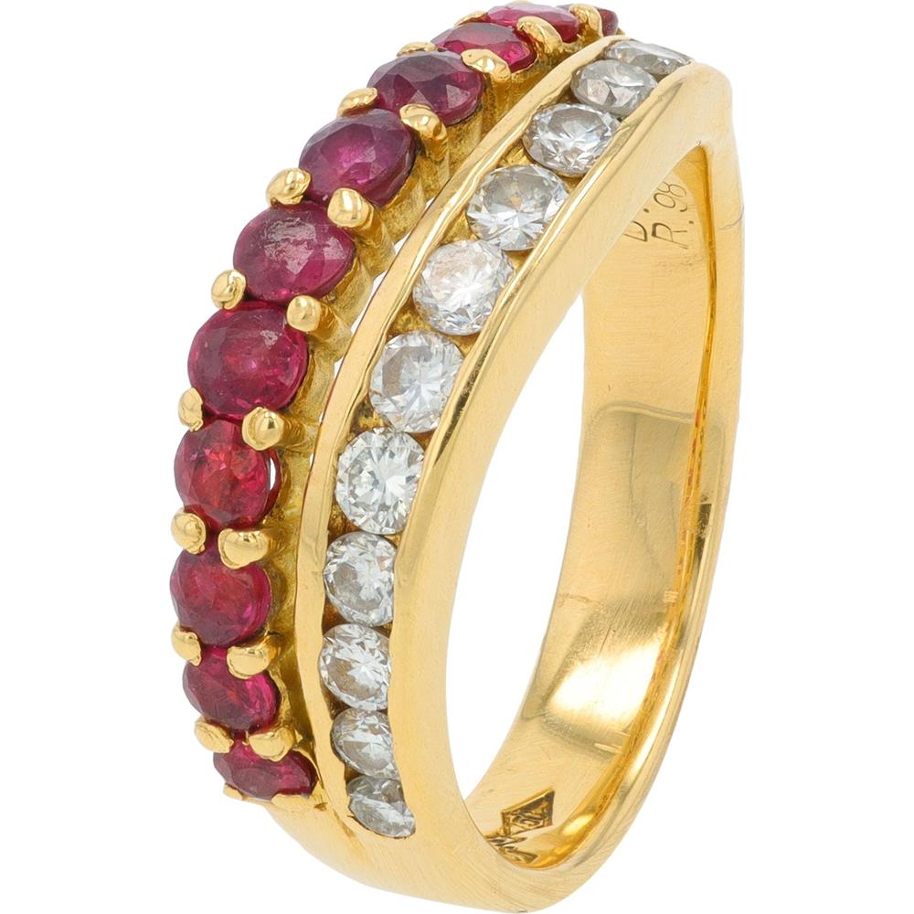18K Yellow Gold Ring with 0.98 Carat Prong - Set Rubies and 0.52 Carat Round Diamonds