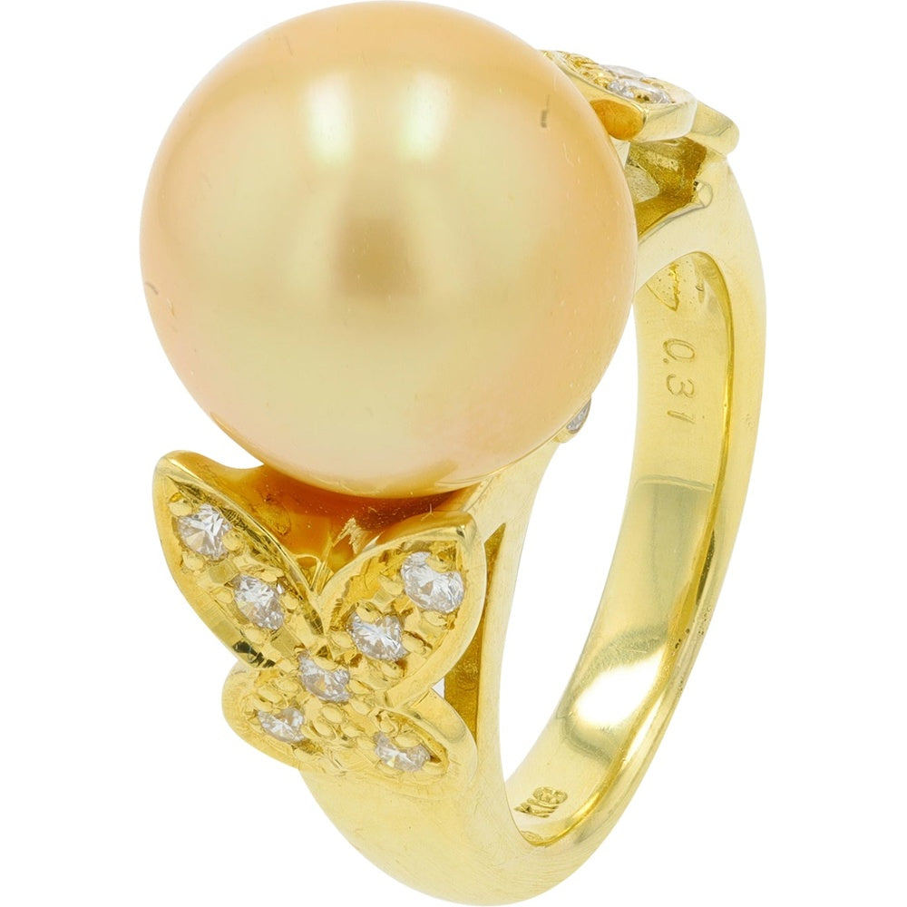 18K Yellow Gold Ring with 12.17mm Golden Pearl and Pavé Set Round Diamonds - 0.31 Carat Total Diamond Weight