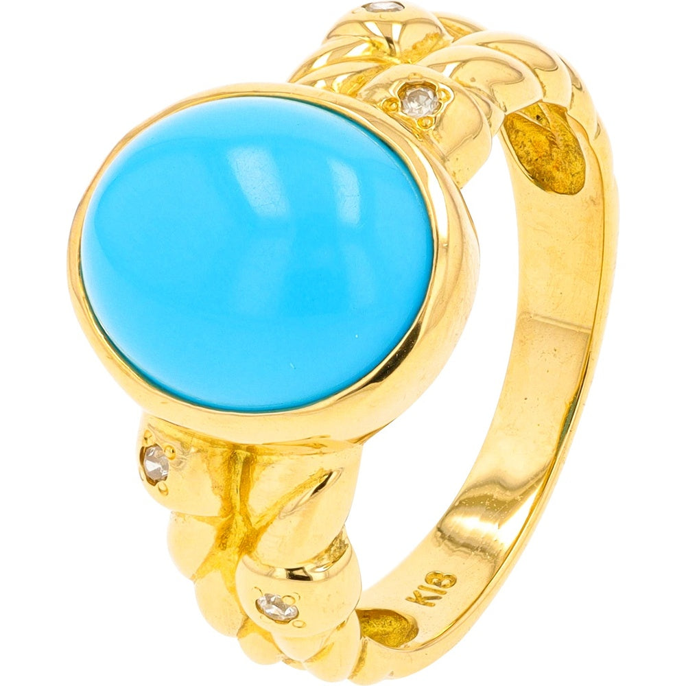 18K Yellow Gold Ring with 3.57 Carat Cabochon Turquoise and Diamond Accents in a Twisted Rope Band Design