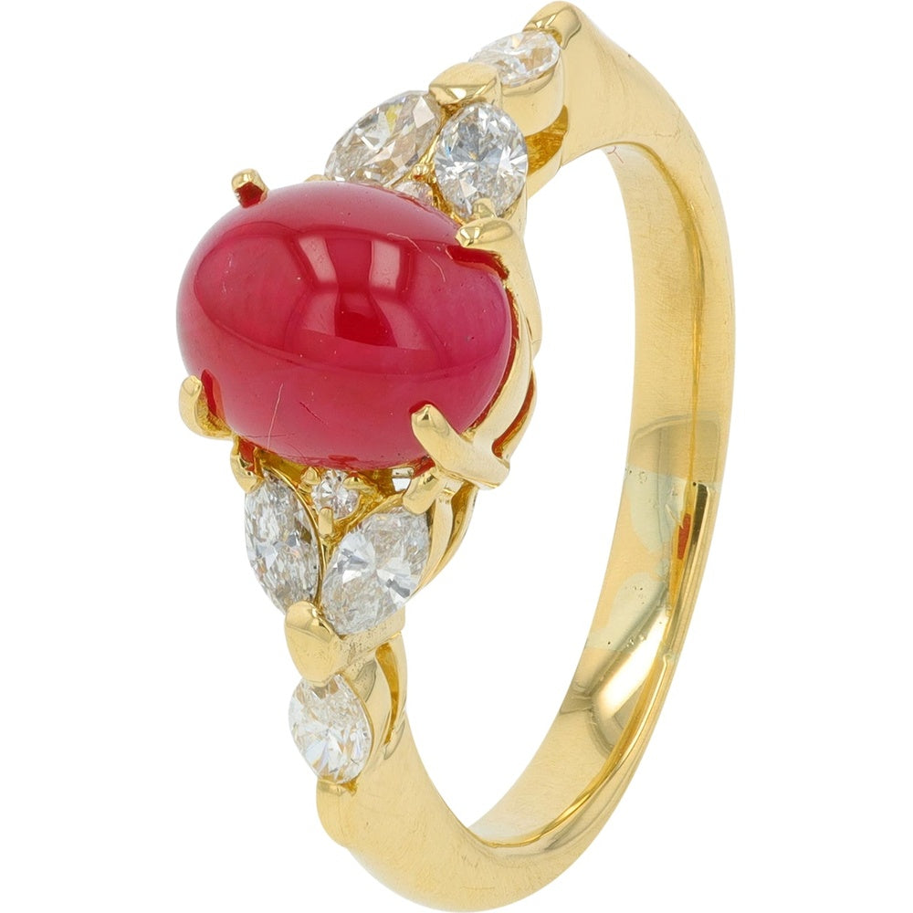 18K Yellow Gold Ring with Cabochon Ruby and Round Diamond Accents - 2.34 Carat Total Ruby Weight & 0.38 Carat Total Diamond Weight