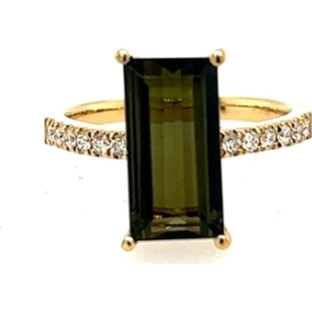 18K Yellow Gold Ring with Elongated Rectangular Green Tourmaline and Diamond Band Accents by Afarin