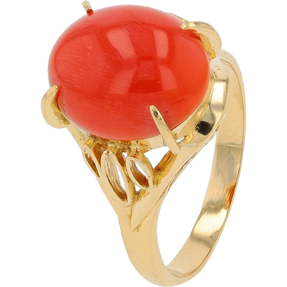 18K Yellow Gold Ring with Large Red Coral Cabochon and Sculpted Split Shank - Size 6