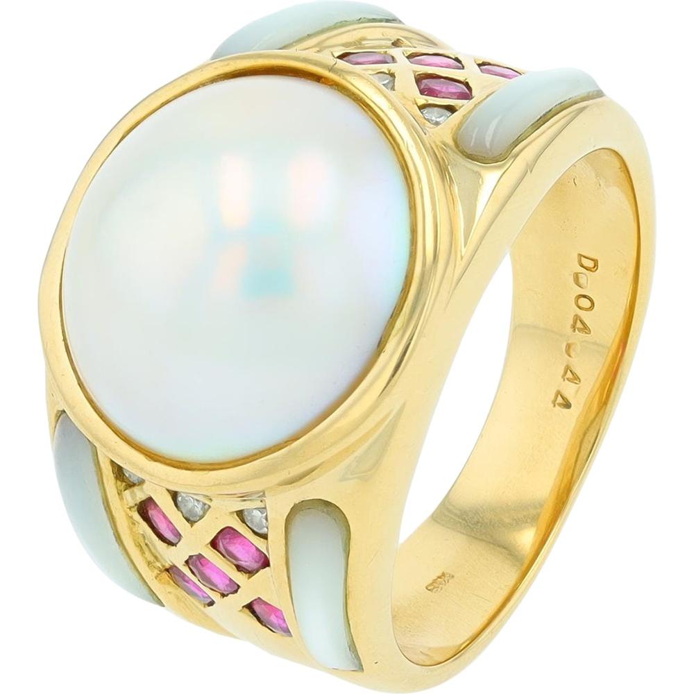 18K Yellow Gold Ring with Mabe Pearl, 0.35 Carats Rubies & Mother of Pearl Inlay