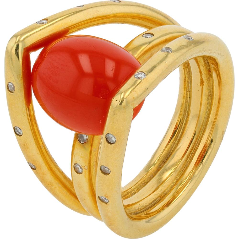 18K Yellow Gold Ring with Oval Cabochon Coral and 0.16 Carats Diamond Accents