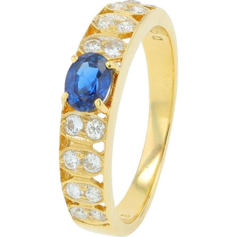 18K Yellow Gold Ring with Oval Sapphire and Channel Set Diamonds