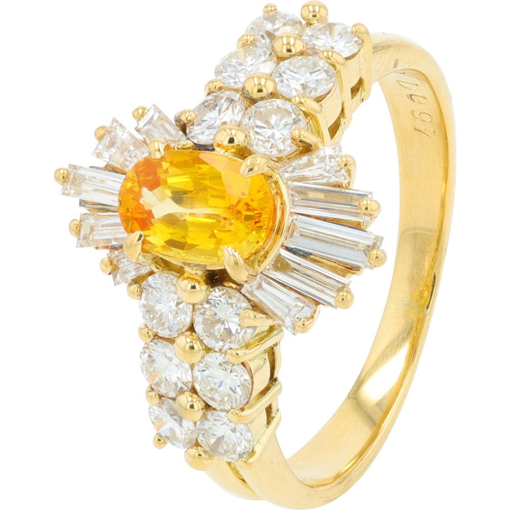 18K Yellow Gold Ring with Oval Yellow Sapphire and Graduated Diamond Halo - 0.69 Carat Sapphire and 0.97 Carat Total Diamond Weight