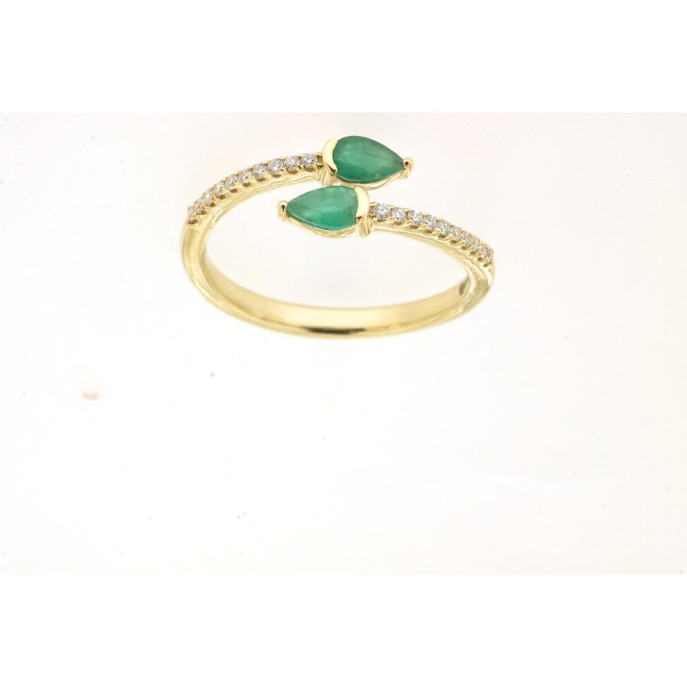 18K Yellow Gold Ring with Pear-Shaped Emeralds and Diamond Accents - 0.57 Carats Total Gem Weight