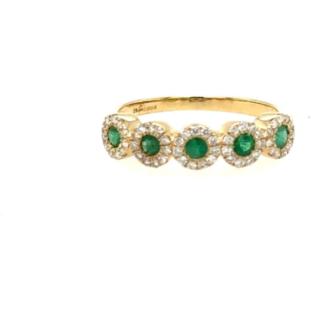 18K Yellow Gold Ring with Round Emeralds and Diamond Halo Design by Afarin