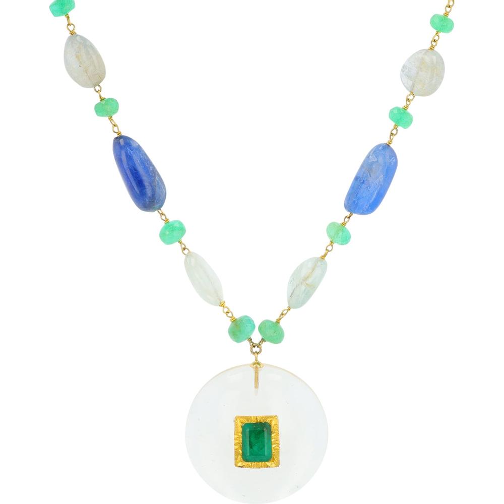 18K Yellow Gold Rock Crystal, Sapphire & Chrysoprase Pendant Necklace - 18" Chain Length.