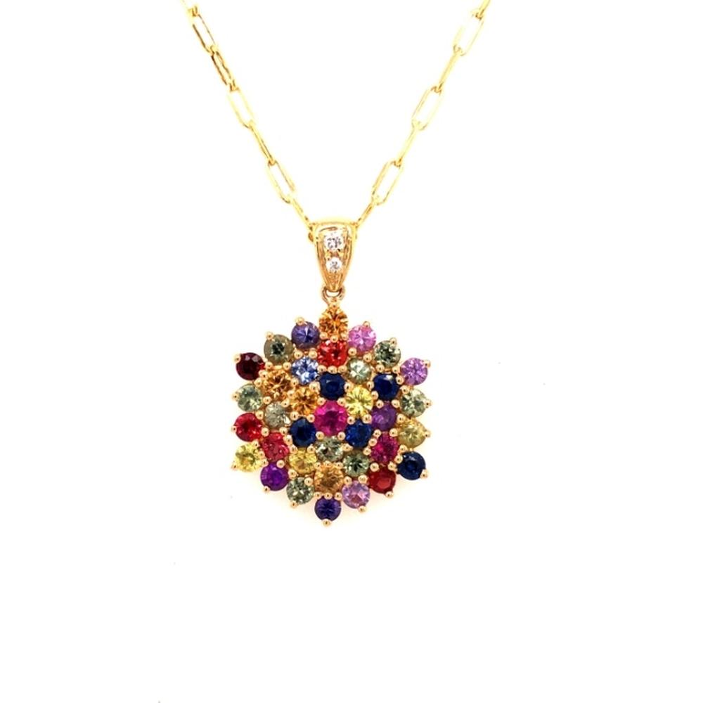18K Yellow Gold Round Multi Sapphire Cluster Pendant Necklace with Diamond Accent Bail by Afarin