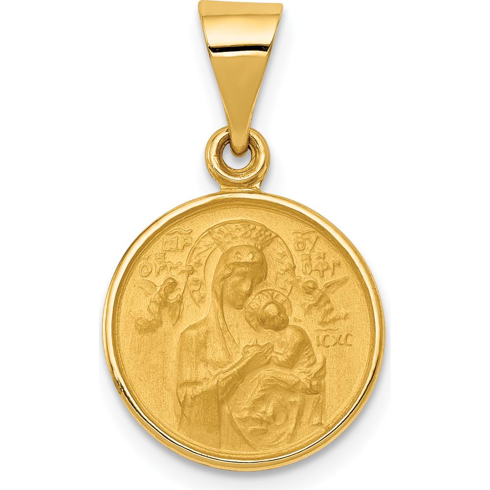 18K Yellow Gold Round Our Lady of Perpetual Help Satin and Polished Pendant Medal