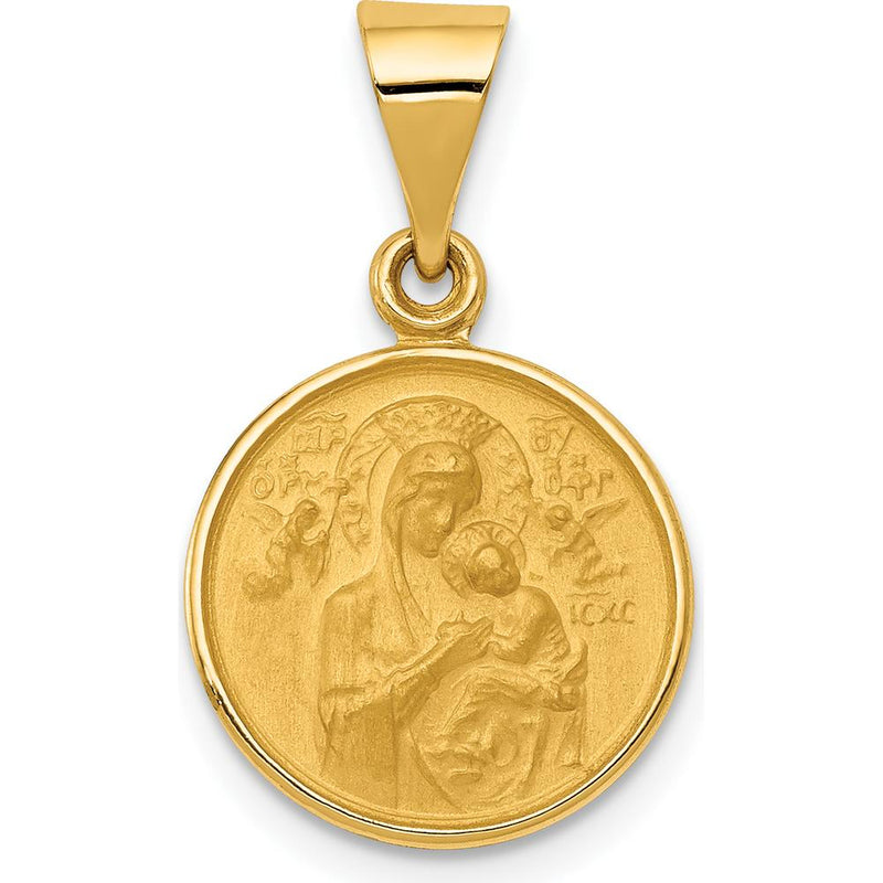 18K Yellow Gold Round Our Lady of Perpetual Help Satin and Polished Pe ...