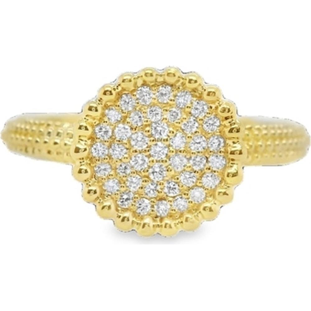 18K Yellow Gold Round Pavé Diamond Ring with Beaded Milgrain-Inspired Border by Afarin