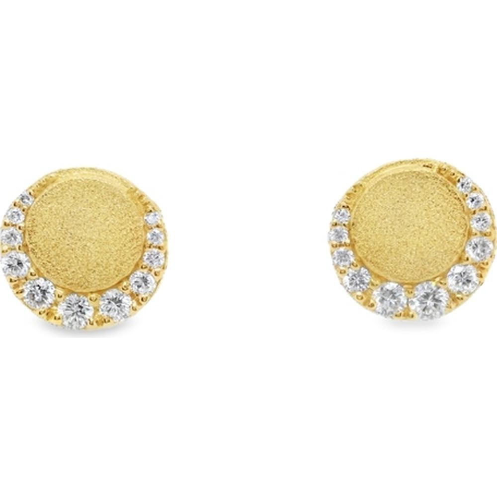 18K Yellow Gold Round Stud Earrings with Textured Disc Design and Round Diamonds by Afarin
