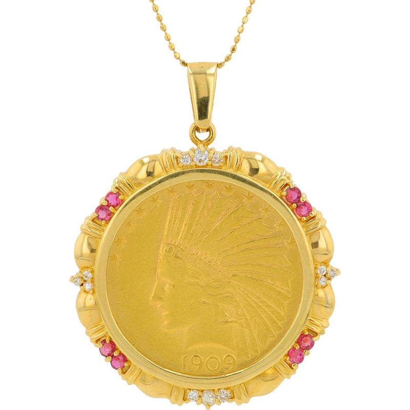 18K Yellow Gold Ruby and Diamond 1909 Indian Head Coin Pendant - 0.15 Carat Ruby and 0.21 Carat Diamond Total Weight