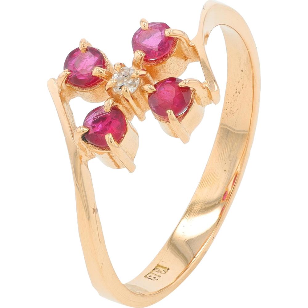 18K Yellow Gold Ruby and Diamond Flower Ring - 0.15 Carat Total Ruby Weight, 0.01 Carat Total Diamond Weight
