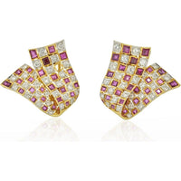 18K Yellow Gold Ruby and Diamond Foldover Ribbon Earrings - 5.0 Carats Total Diamond Weight