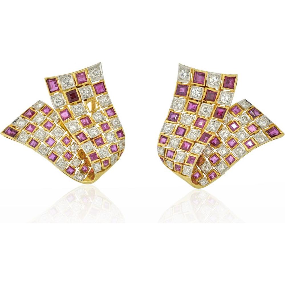 18K Yellow Gold Ruby and Diamond Foldover Ribbon Earrings - 5.0 Carats Total Diamond Weight