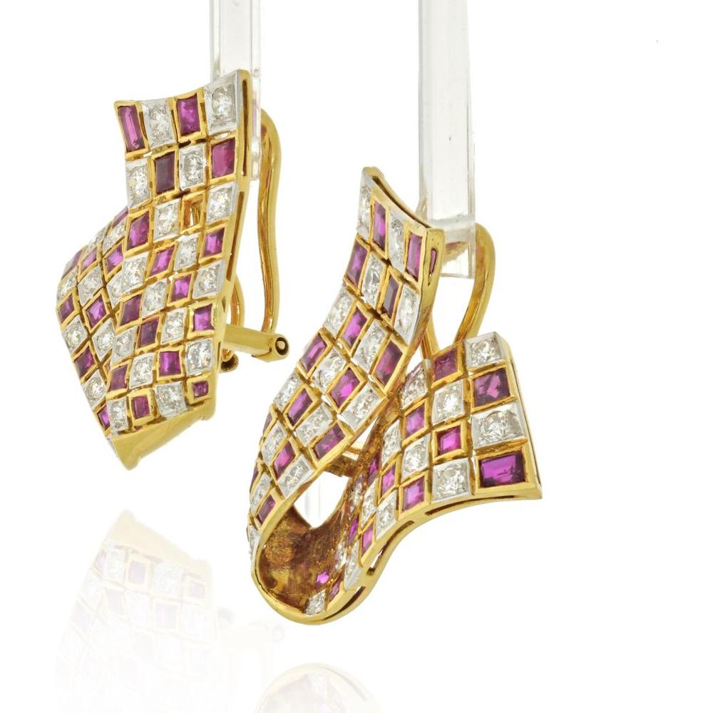 18K Yellow Gold Ruby and Diamond Foldover Ribbon Earrings - 5.0 Carats Total Diamond Weight