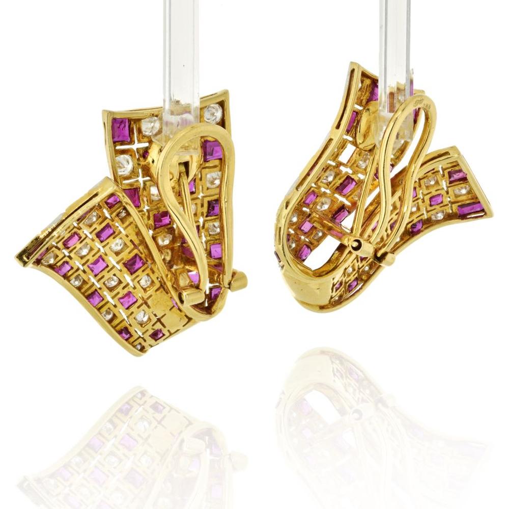 18K Yellow Gold Ruby and Diamond Foldover Ribbon Earrings - 5.0 Carats Total Diamond Weight