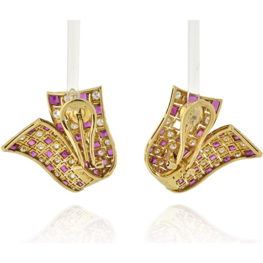 18K Yellow Gold Ruby and Diamond Foldover Ribbon Earrings - 5.0 Carats Total Diamond Weight