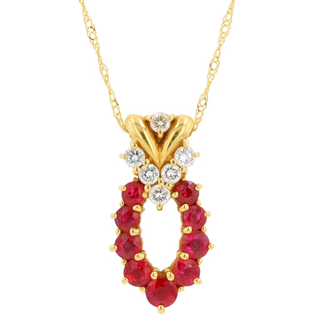 18K Yellow Gold Ruby and Diamond Pendant Necklace - 0.77 Carat Total Ruby Weight, 0.18 Carat Total Diamond Weight