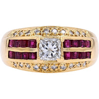 18K Yellow Gold Ruby & Diamond Ring with Princess-Cut Diamond - 0.82 Carats Total Ruby & Diamond Weight