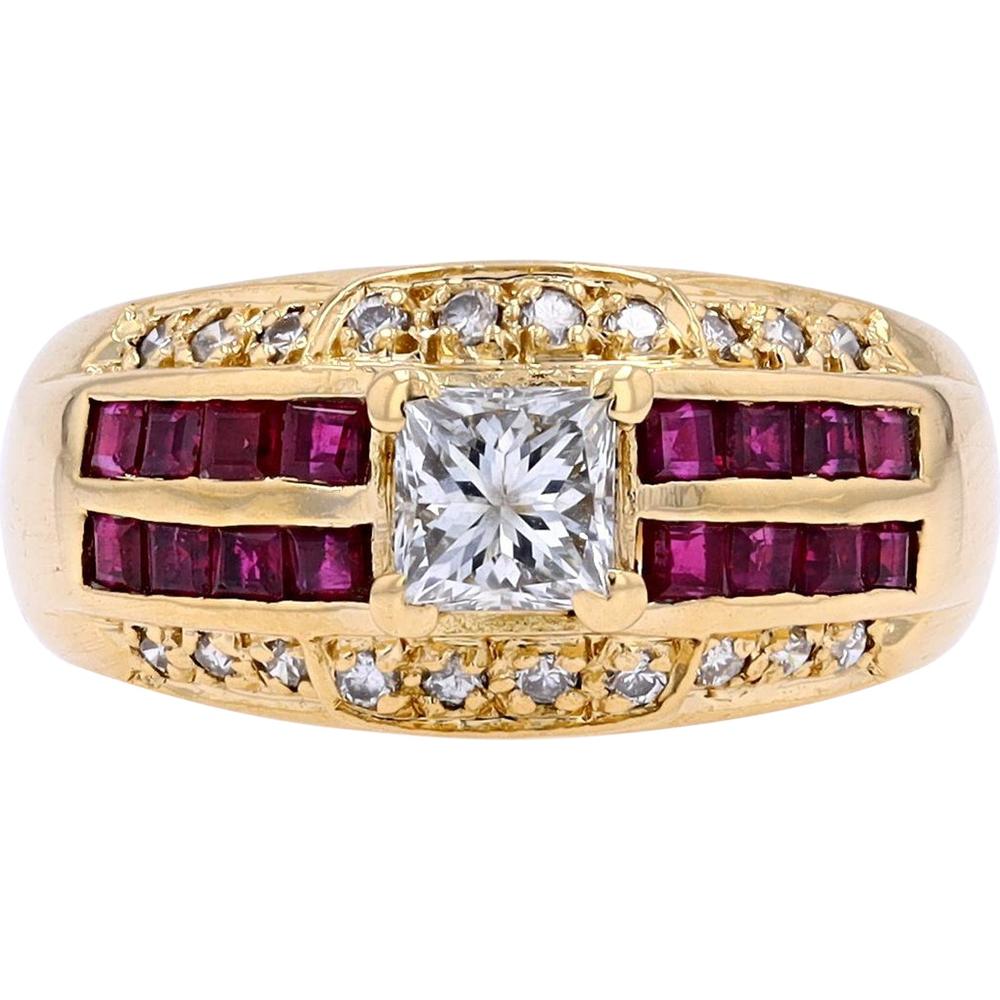 18K Yellow Gold Ruby & Diamond Ring with Princess-Cut Diamond - 0.82 Carats Total Ruby & Diamond Weight