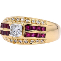 18K Yellow Gold Ruby & Diamond Ring with Princess-Cut Diamond - 0.82 Carats Total Ruby & Diamond Weight
