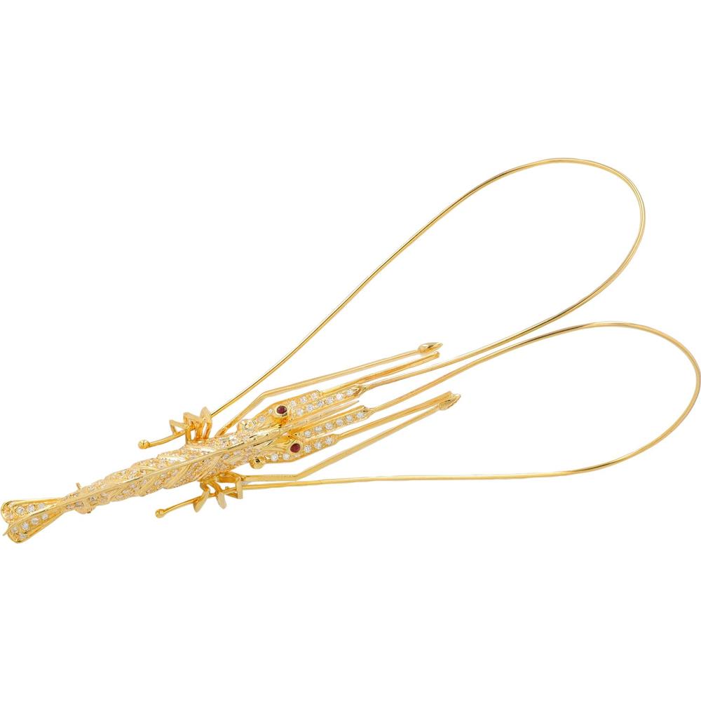 18K Yellow Gold Ruby & Diamond Shrimp Brooch - 0.80 Carats Total Diamond Weight, 0.06 Carats Ruby Weight