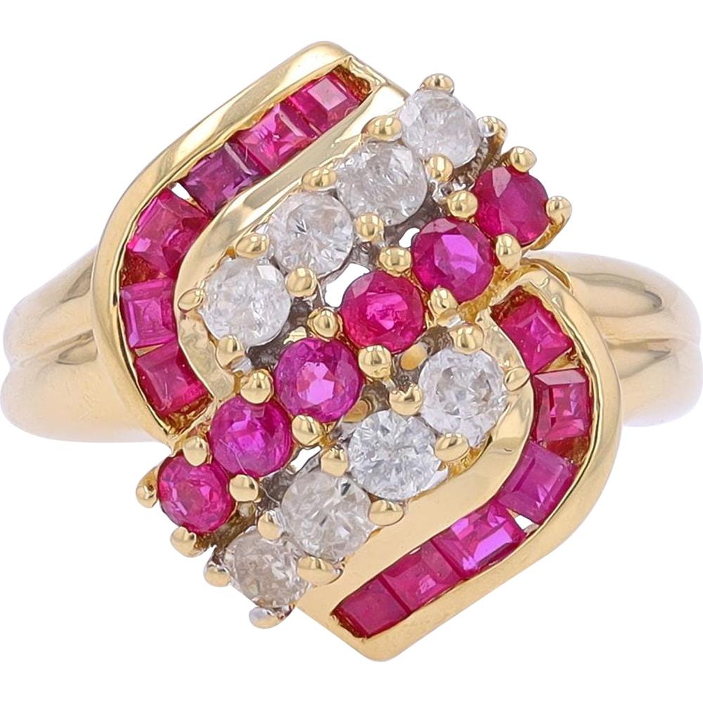 18K Yellow Gold Ruby and Diamond Swirl Ring - 1.35 Carat Ruby, 0.57 Carat Diamonds