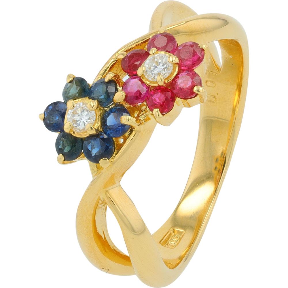 18K Yellow Gold Ruby and Sapphire Flower Crossover Ring with Diamond Accents - 0.07 Carat Total Diamond Weight