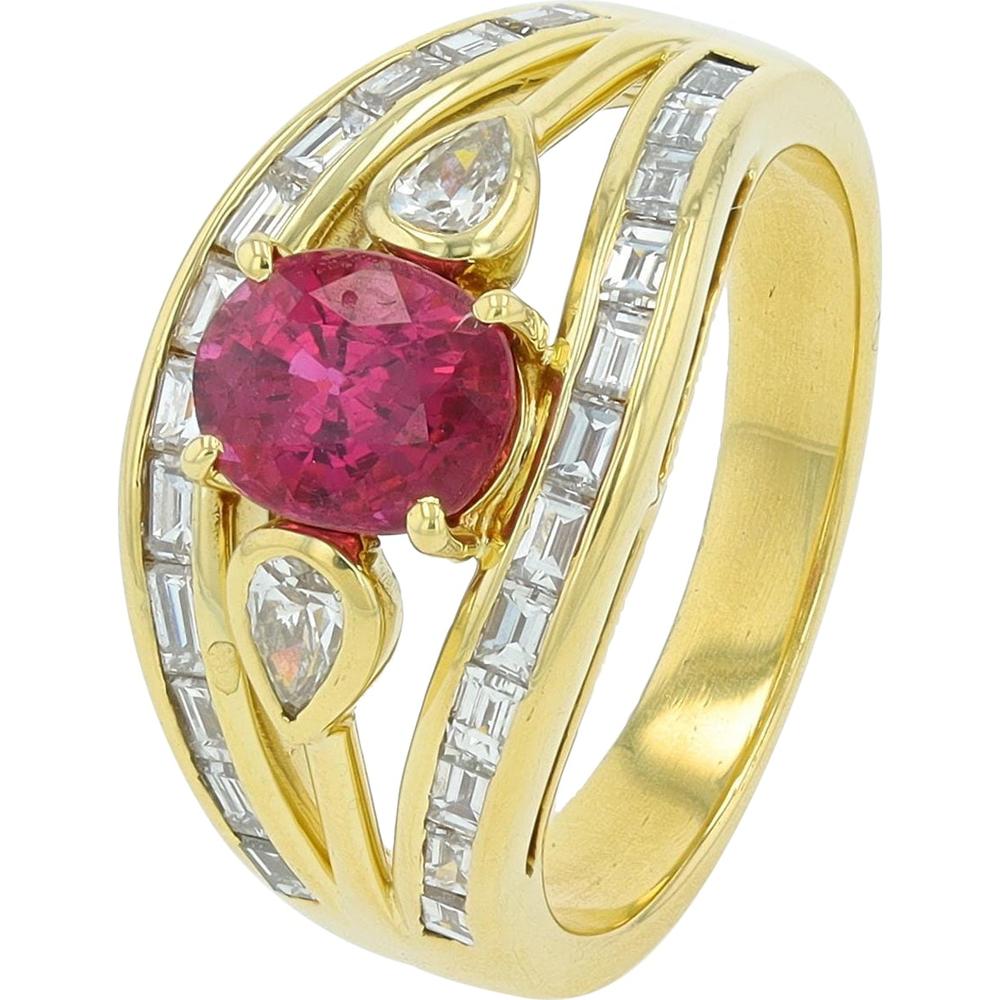 18K Yellow Gold Ruby Ring with Baguette and Pear-Shaped Diamonds - 1.21 Carat Ruby, 0.85 Carat Diamond