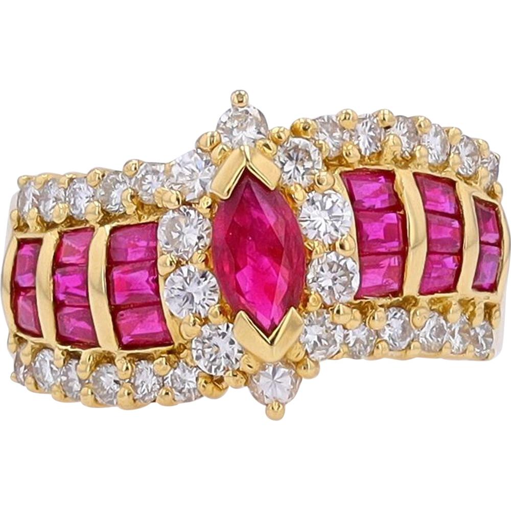 18K Yellow Gold Ruby Ring with Diamond Halo - 1.70 Carat Ruby and 0.85 Carat Diamond Total Weight