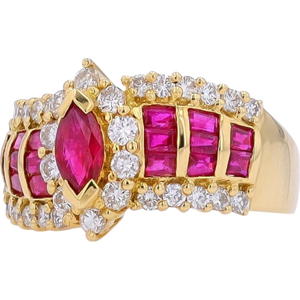 18K Yellow Gold Ruby Ring with Diamond Halo - 1.70 Carat Ruby and 0.85 Carat Diamond Total Weight