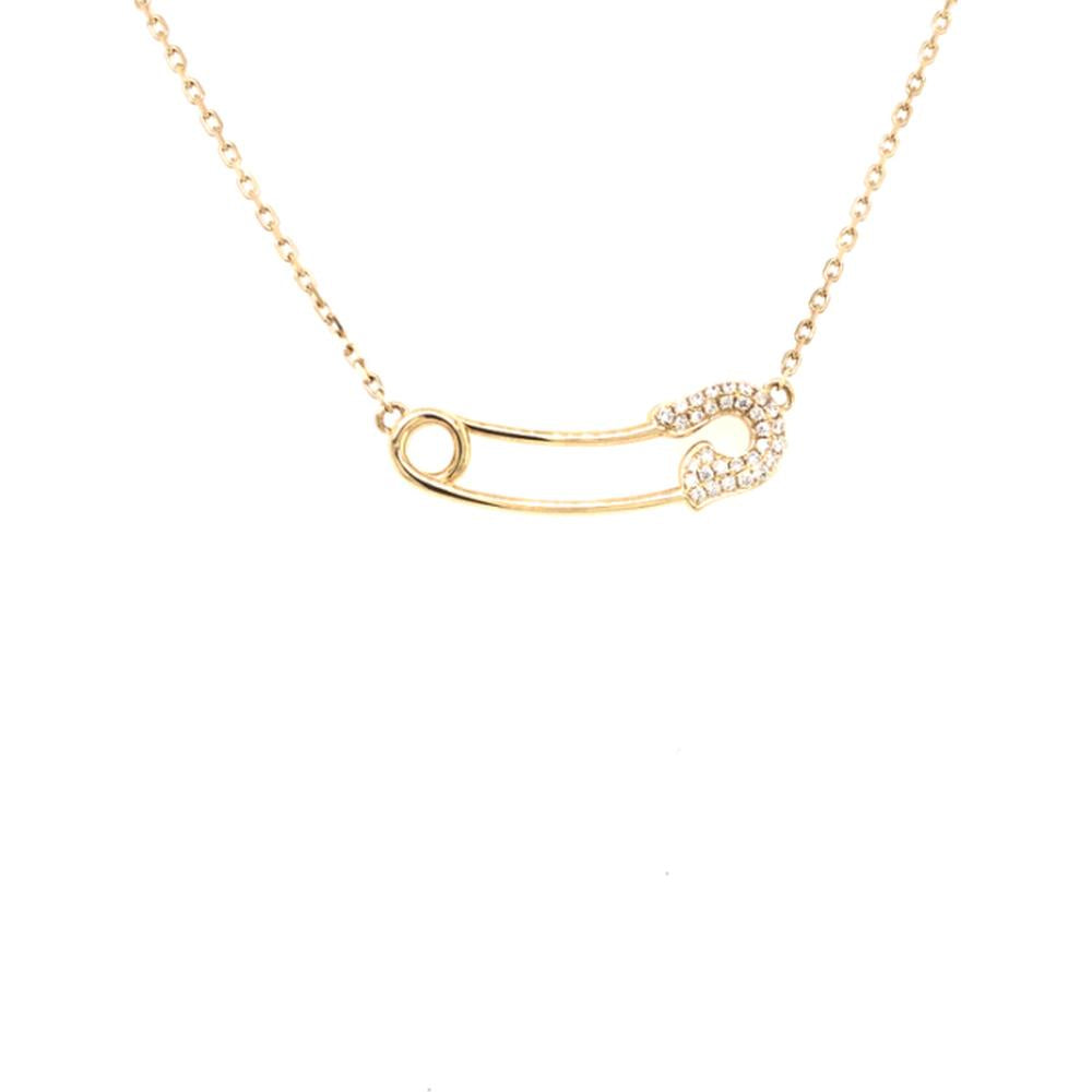 18K Yellow Gold Safety Pin Necklace with Pavé Set Round Diamonds by Afarin