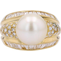 18K Yellow Gold Saltwater Pearl and Diamond Center Ring - 1.99 Carats Total Diamond Weight