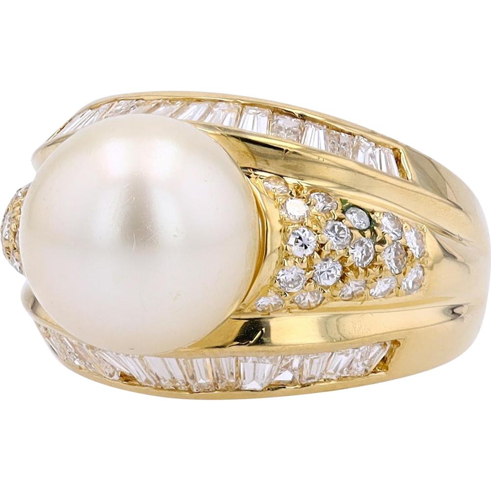 18K Yellow Gold Saltwater Pearl and Diamond Center Ring - 1.99 Carats Total Diamond Weight