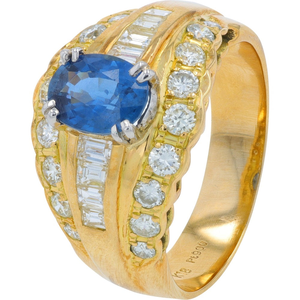 18K Yellow Gold Sapphire and Diamond Band with Oval-Cut Sapphire, Baguette and Round Diamonds - 1.73 Carat Sapphire and 1.31 Carat Diamond Total Weight